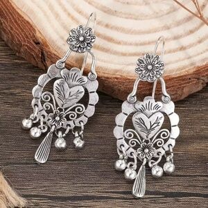Silver Floral Heart Dangle Earrings - Mexican Folk Art Style